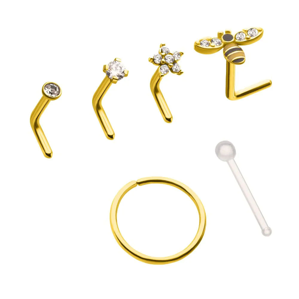 Gold PVD Steel Bee / Flower / Round Clear CZ Gem L-Bend Nose Stud, Hoop & Retainer, 6 Pack - Pic&Mix The Body Jewellery Shop
