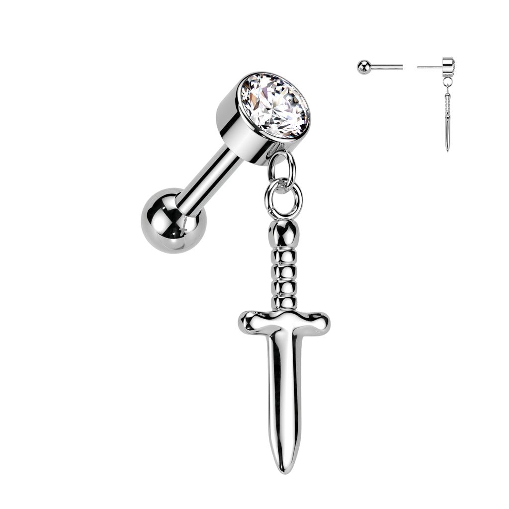 Implant Grade Titanium Threadless Push In Cartilage Barbell With Round Bezel Set CZ and Dagger Dangle Top