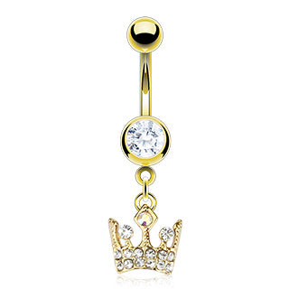 Royal Crown Paved Gem Dangle Belly Button Ring - Pic&Mix The Body Jewellery Shop