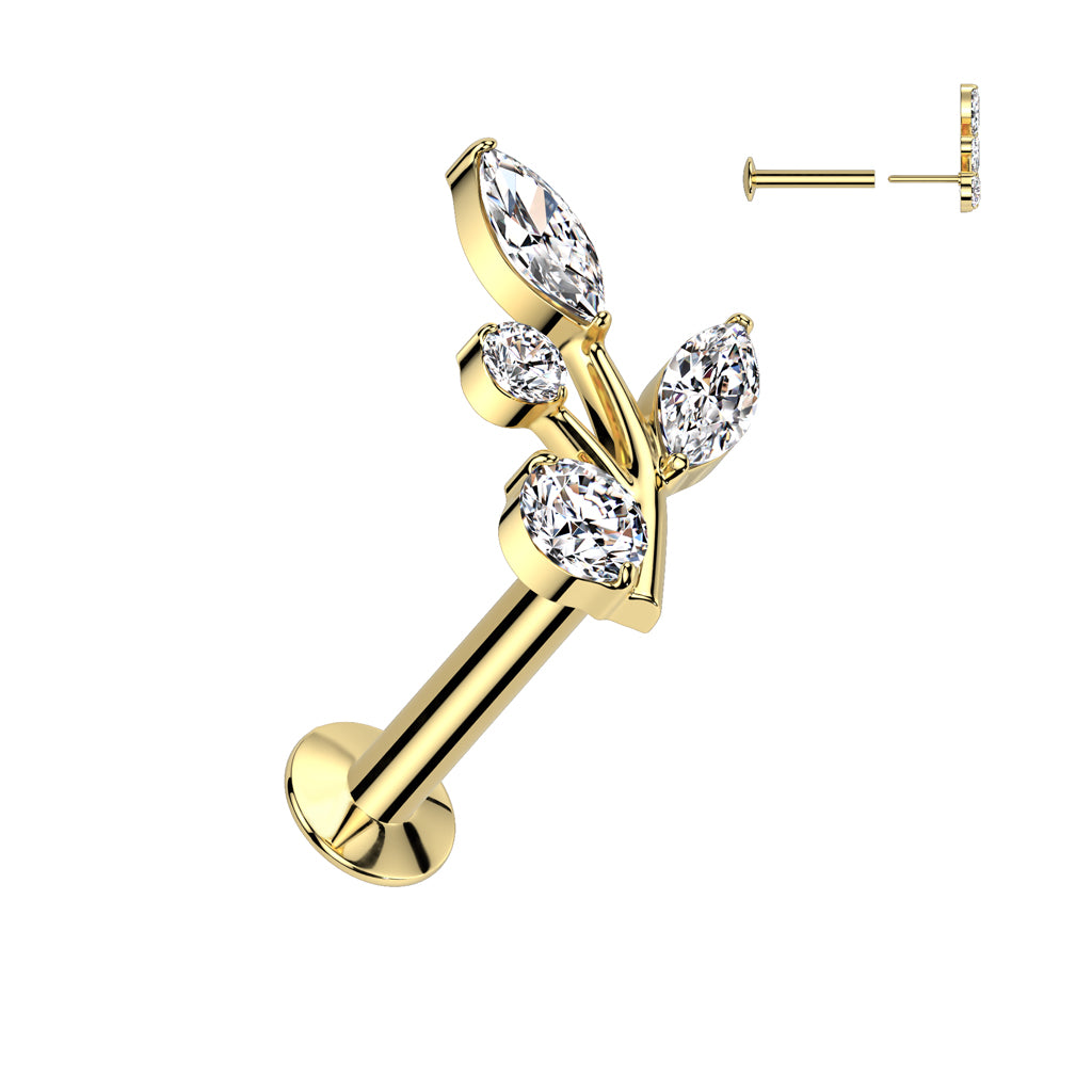 316L Surgical Steel Threadless Push In Flat Back Stud With Convex Back and Marquise CZ Vine and Round CZ labret