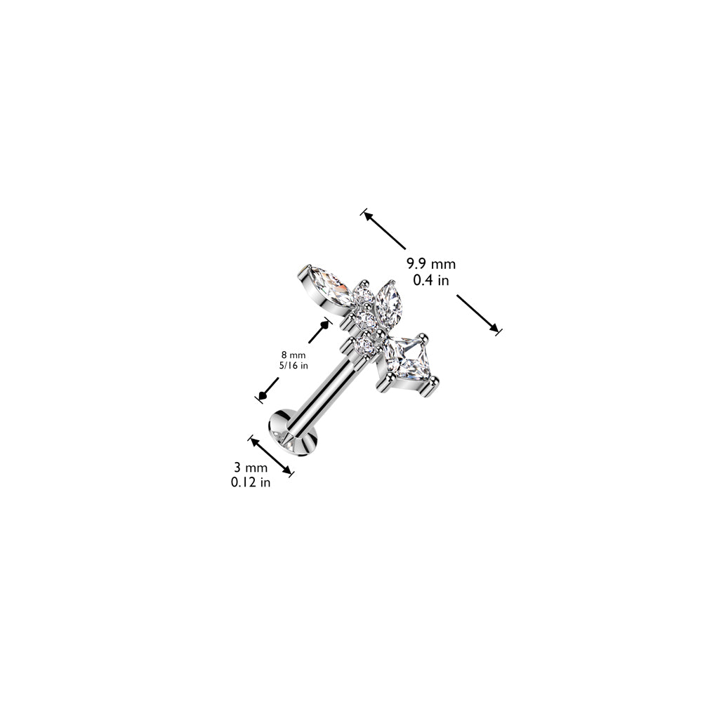 316L Surgical Steel Threadless Push In Flat Back Stud With Convex Back and Marquise, Diamond and Round CZ Cluster