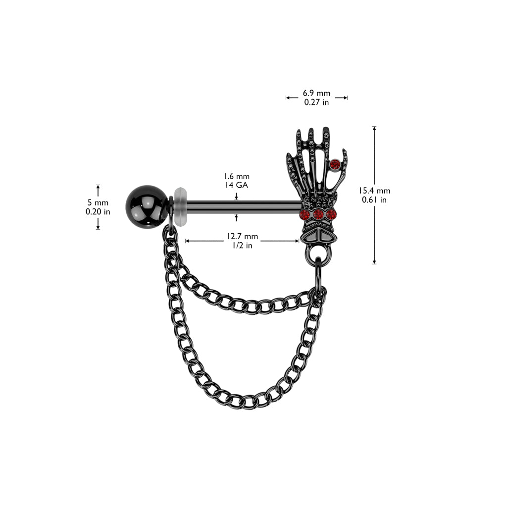 Pair of Surgical Steel Nipple Barbell With Red CZ Skull Hands and Double Chain Dangle - Pic&Mix The Body Jewellery Shop
