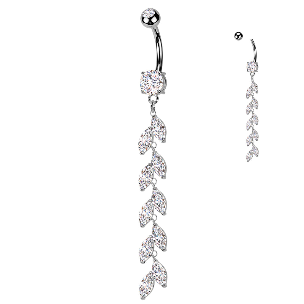 316L Surgical Steel Double Jewelled Belly Button Ring With Vertical Drop Marquise CZ Petals - Pic&Mix The Body Jewellery Shop