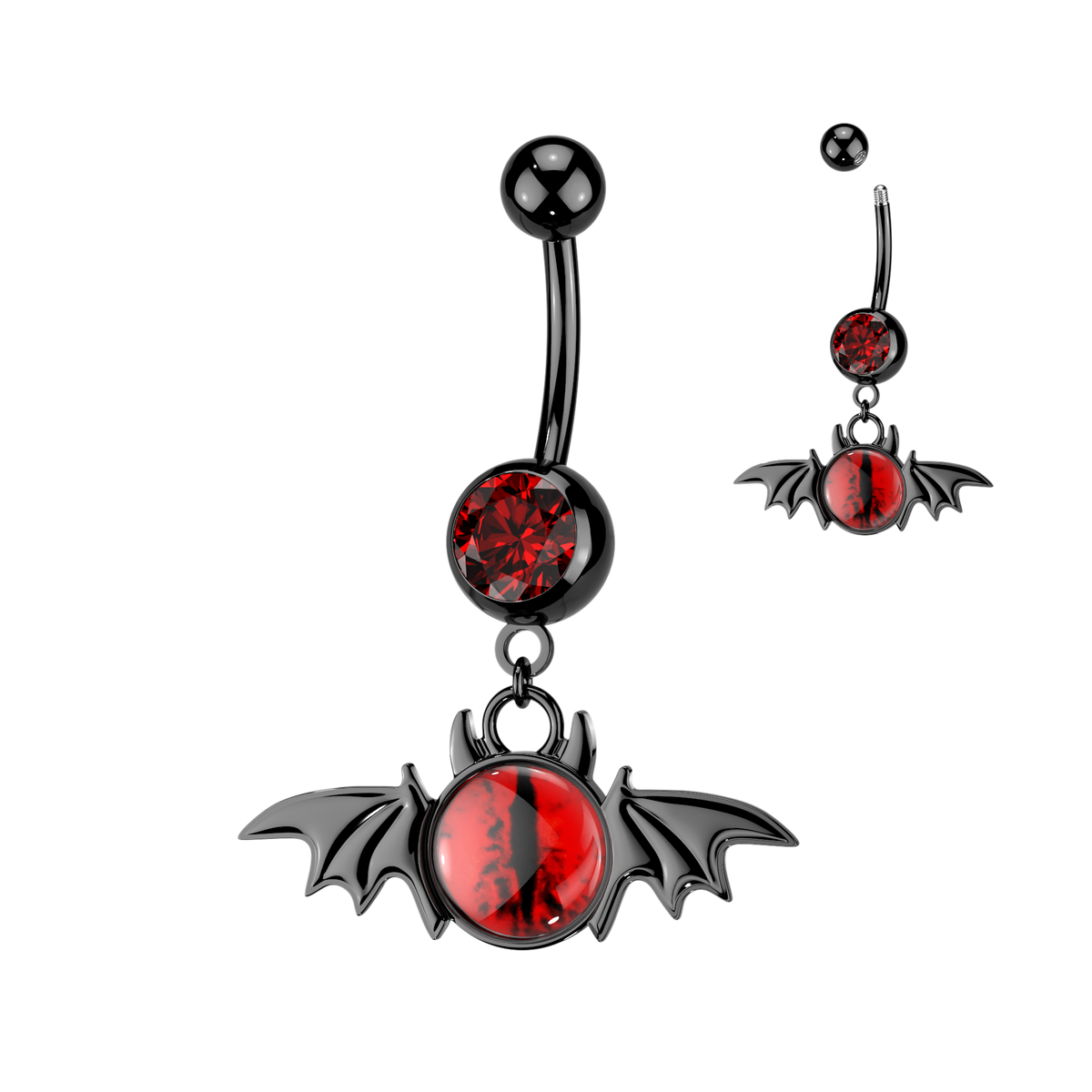 316L Single Jeweled Belly Button Ring With Bat Wings & Eyeball Dangle