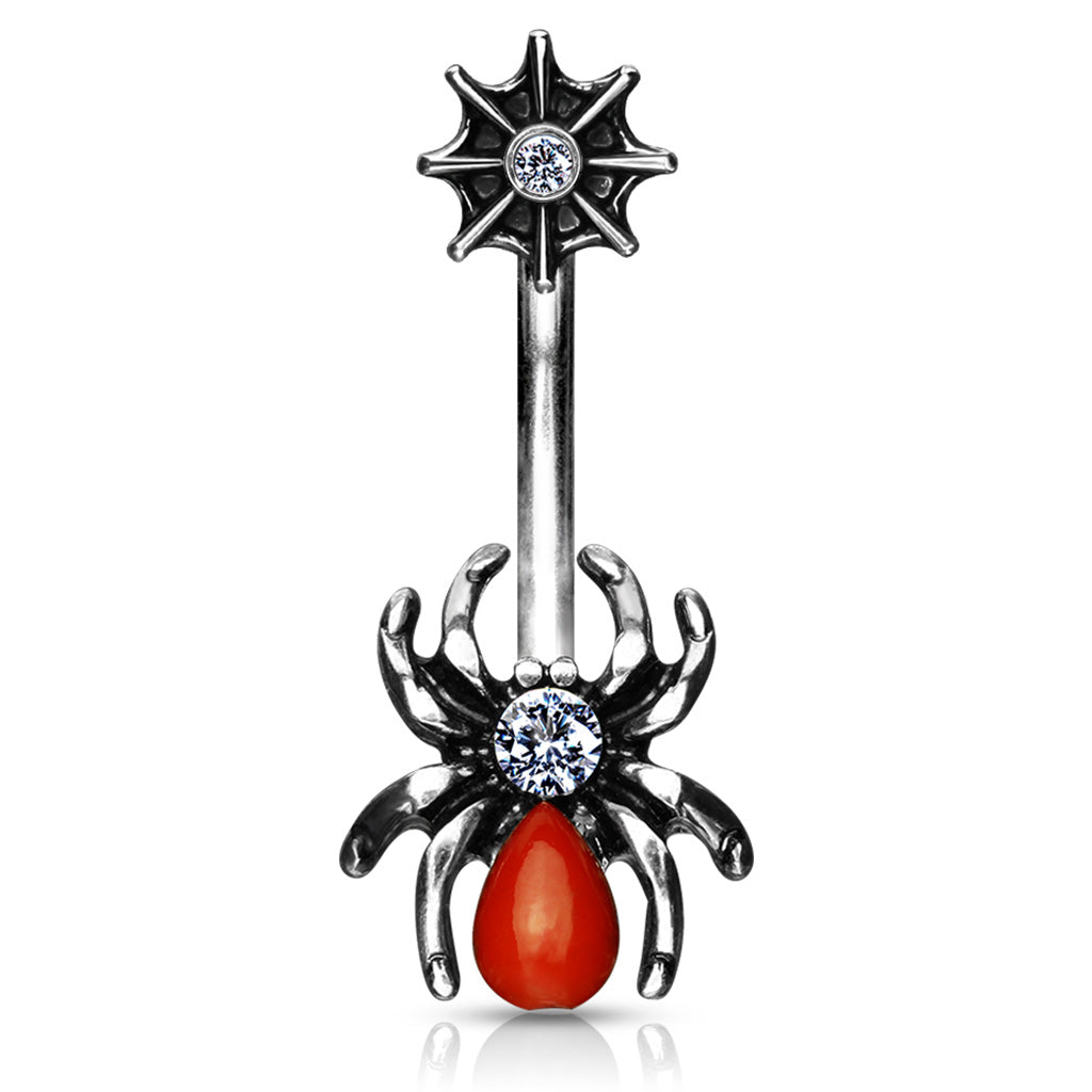 316L Surgical Steel Red Spider and Web With CZ Belly Button Ring