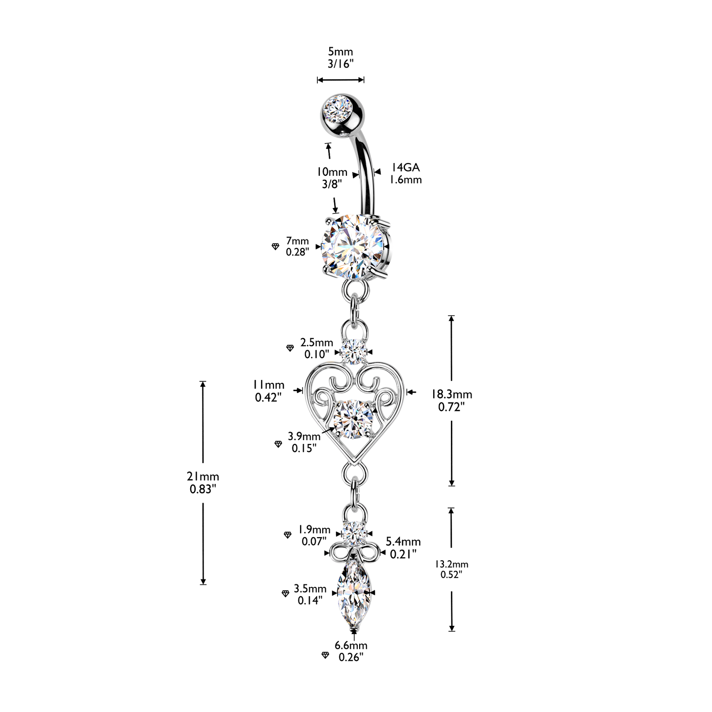 Filigree Heart 316L Double Jeweled CZ Belly Ring CZ Heart & Marquise CZ Dangle