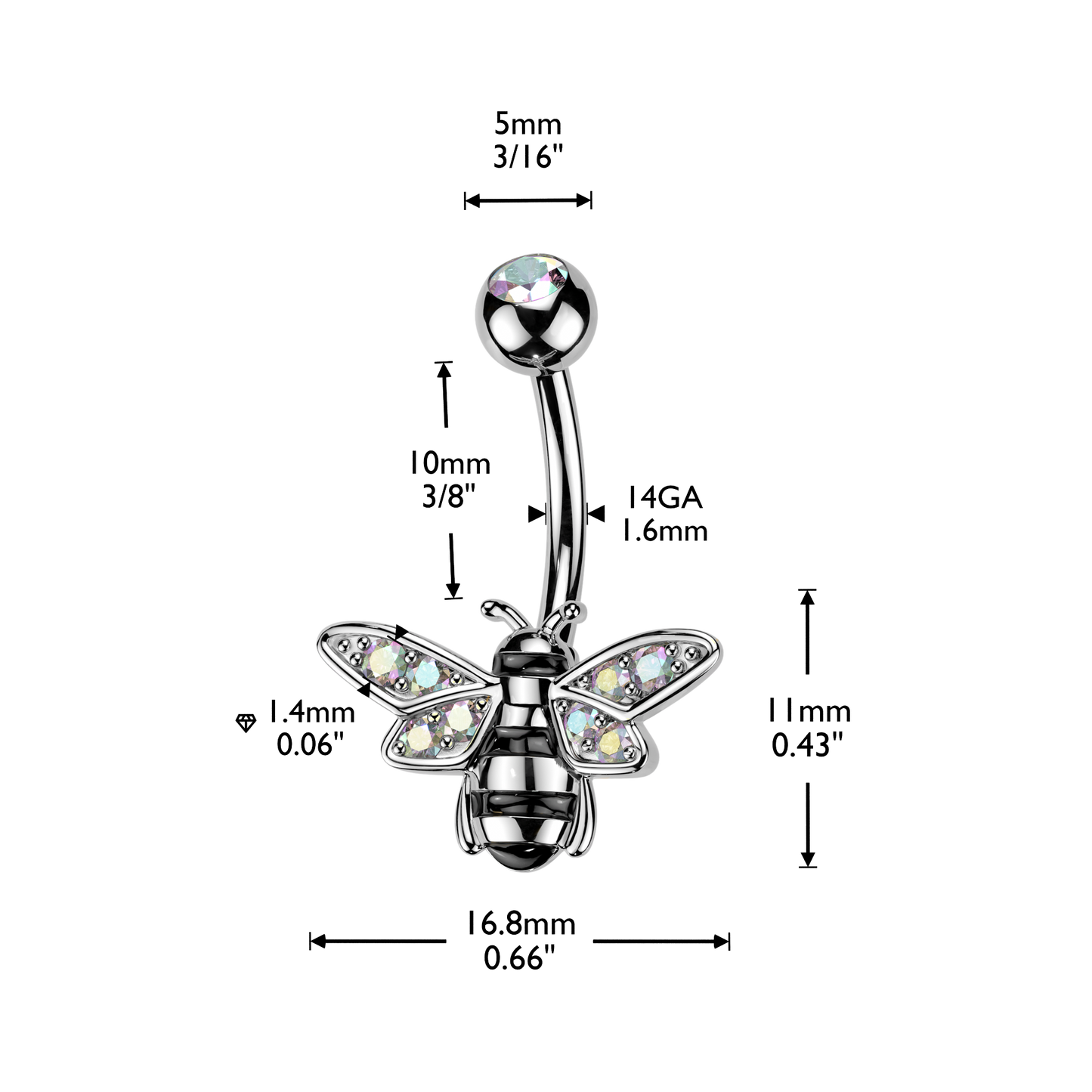 Bee Belly Button Ring With Pave Aurora Borealis CZ Wings