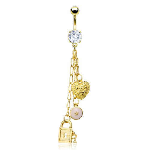 316L Surgical Steel Prong Set Gemmed With Chained Heart and Lock Dangle Belly Button Ring