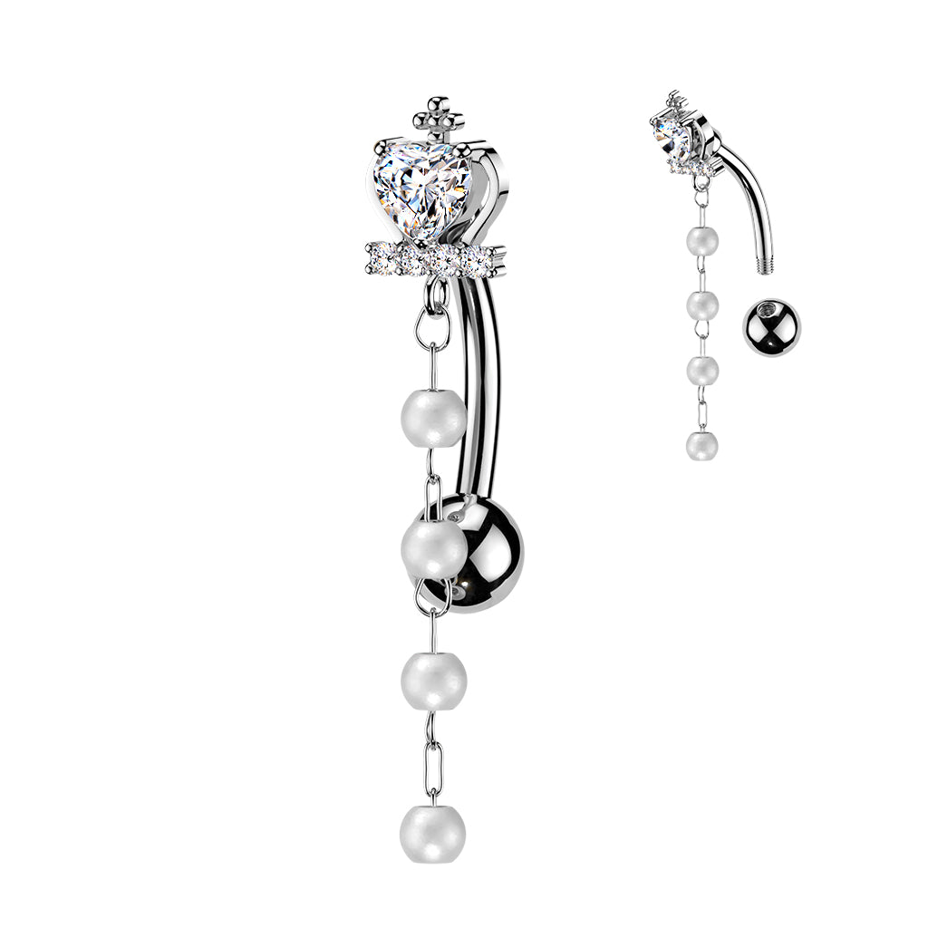 Cross & Heart CZ Crown Top Down Reverse Belly Ring With Pearl Dangles