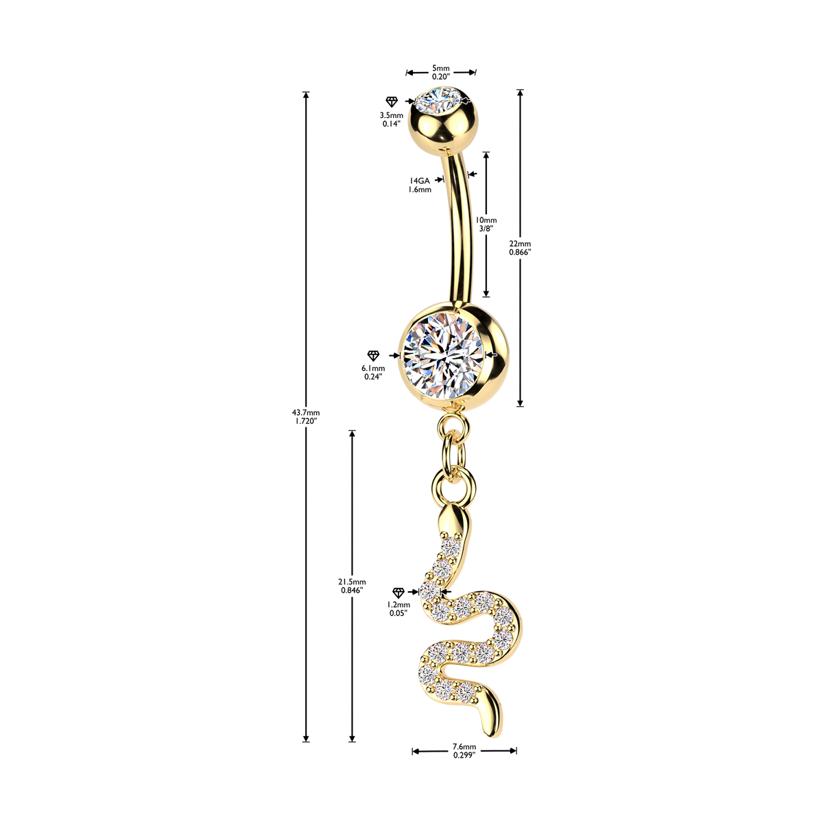 316L Double Jeweled Belly Ring With Pave CZ Snake Dangle
