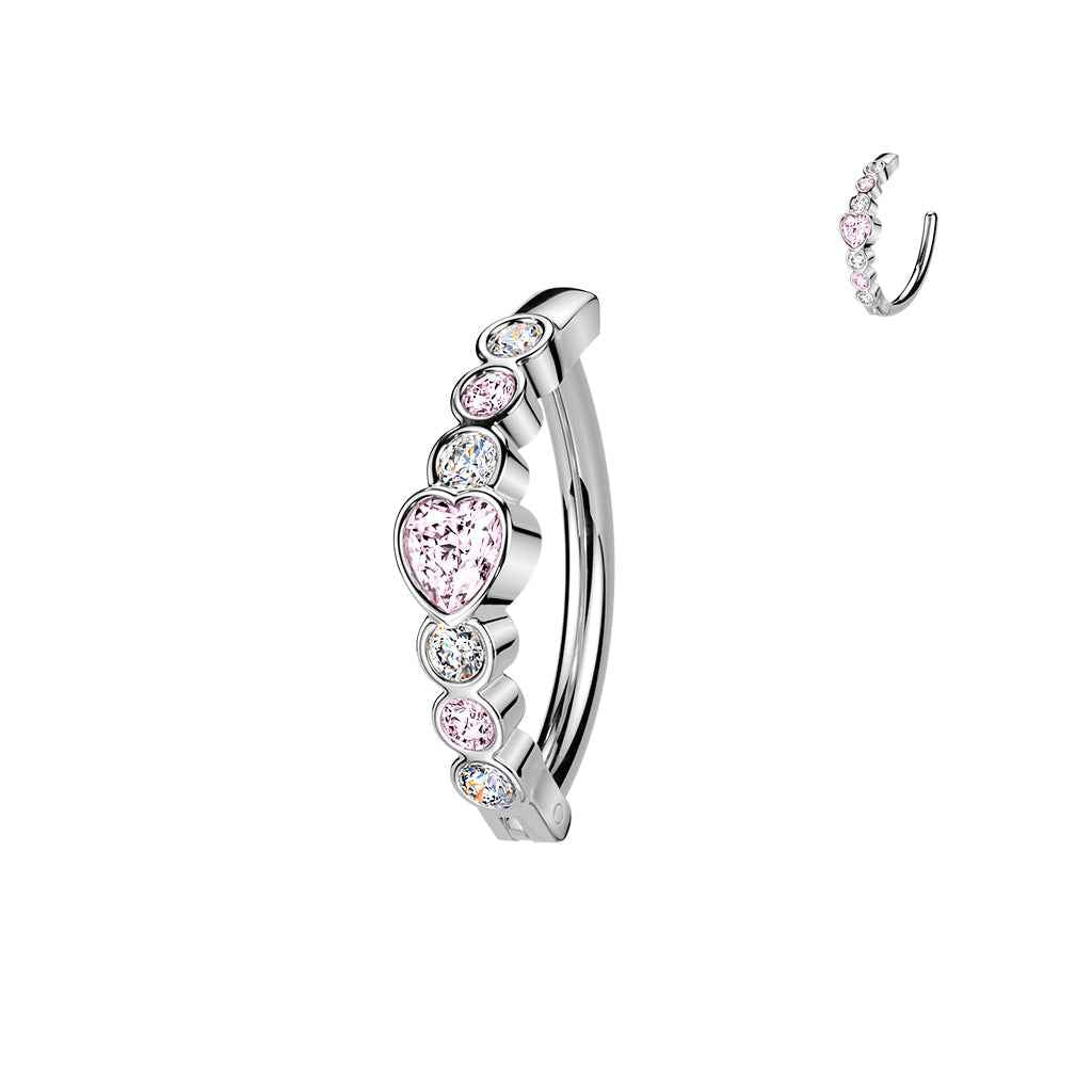 316L Hinged Belly Button Ring With Heart CZ and 6 Round CZ