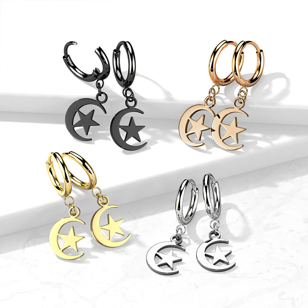 316L Surgical Stainless Steel Cross & Chain Dangle Hinged Hoop Earrings – Seamless Huggie Hoops (Pair) - Pic&Mix The Body Jewellery Shop