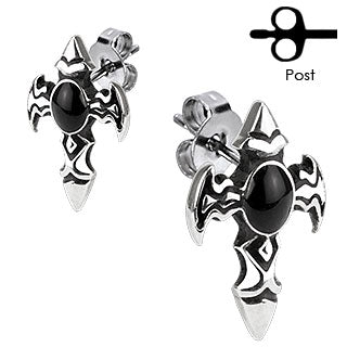 316L Surgical Stainless Steel Winged Cross & Onyx Stud Earrings – Gothic Piercing Jewellery (Pair) - Pic&Mix The Body Jewellery Shop
