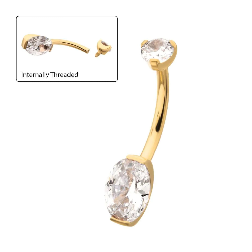 Initial Piercing  - 24K Gold Plate Marquise CZ Belly Bar - Pic&Mix The Body Jewellery Shop