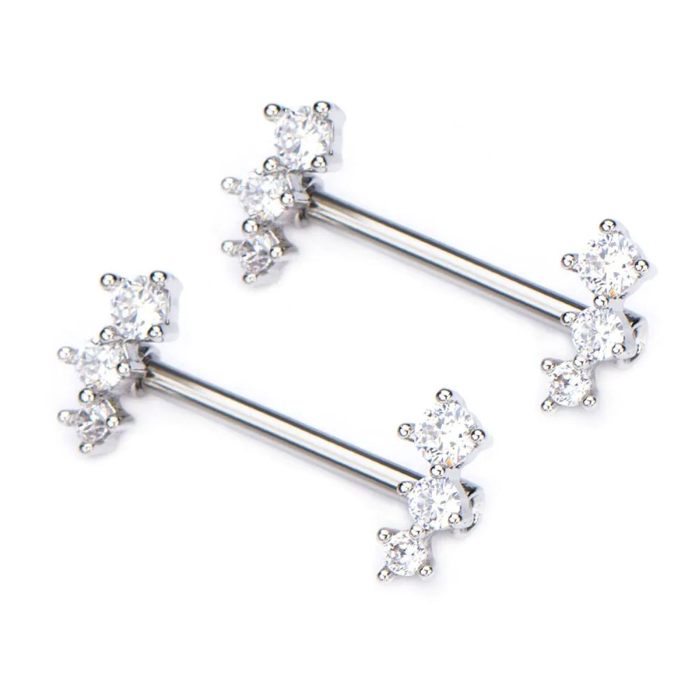 Surgical Steel Nipple Barbells with Forward Facing 3 Clear CZ Gem - Pic&Mix The Body Jewellery Shop