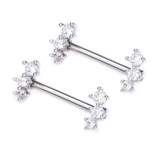 Surgical Steel Nipple Barbells with Forward Facing 3 Clear CZ Gem - Pic&Mix The Body Jewellery Shop