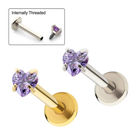 Internally Threaded Prong Set Amethyst Heart CZ Top with 4mm Flat Back Labret - Pic&Mix The Body Jewellery Shop