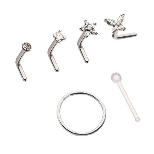 Steel Flower / Round Clear CZ Gem L-Bend Nose Stud, Hoop & Retainer, 6 Pack - Pic&Mix The Body Jewellery Shop
