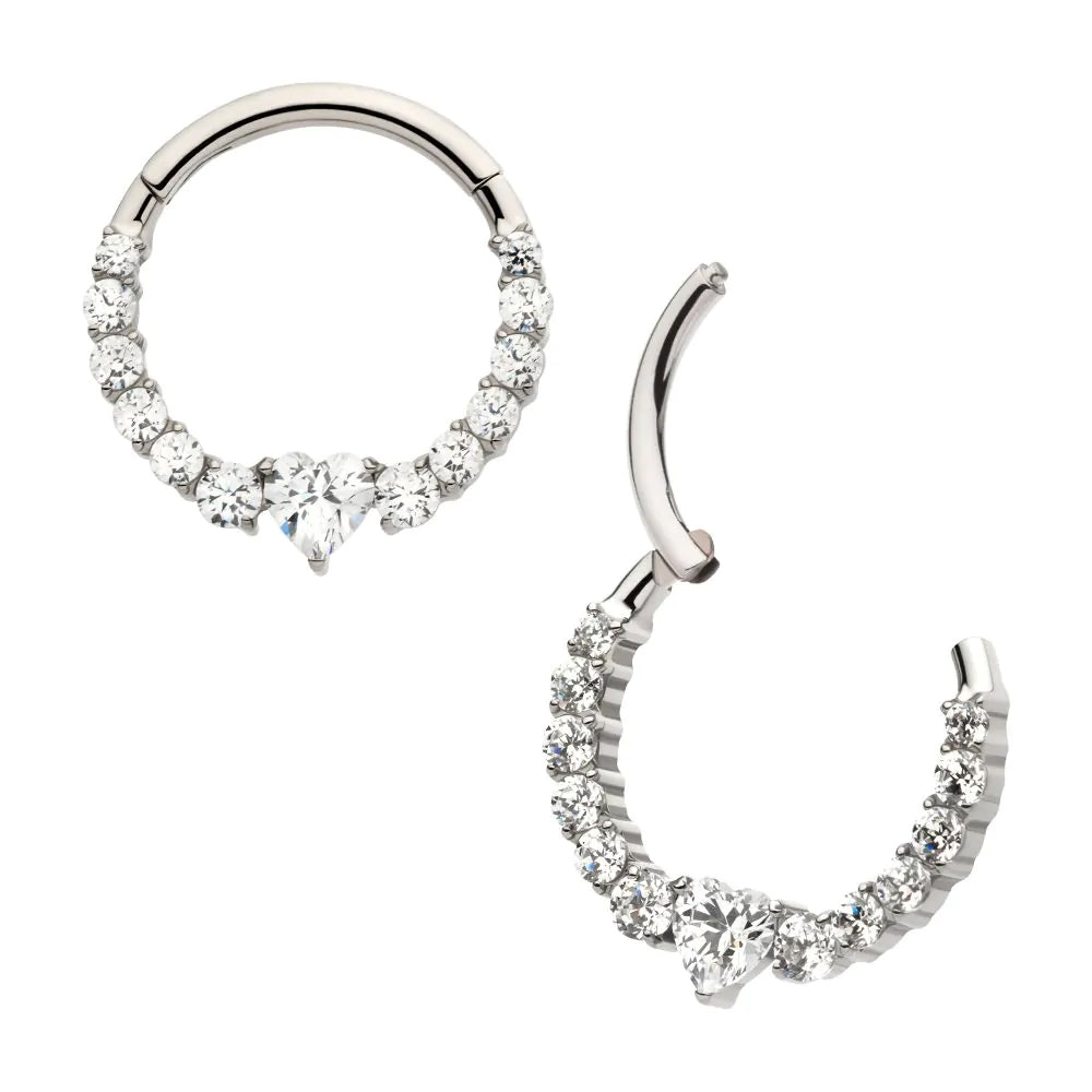 Initial Piercing  - Titanium Clustered Prong Set Round CZ with Center Heart CZ Front Facing Hinged Segment Clicker - Pic&Mix The Body Jewellery Shop