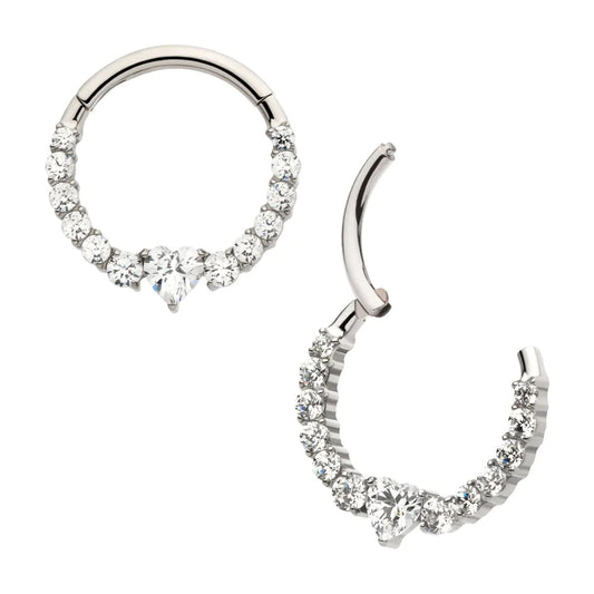 Initial Piercing  - Titanium Clustered Prong Set Round CZ with Center Heart CZ Front Facing Hinged Segment Clicker - Pic&Mix The Body Jewellery Shop