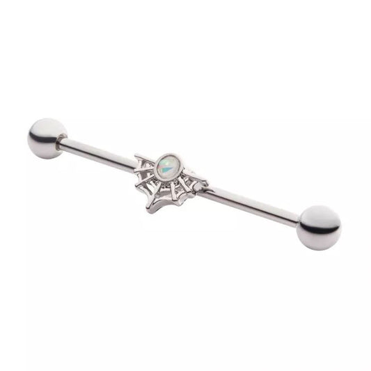 34mm Spider Web with Glitter Faux White Opal Industrial Barbell - Pic&Mix The Body Jewellery Shop