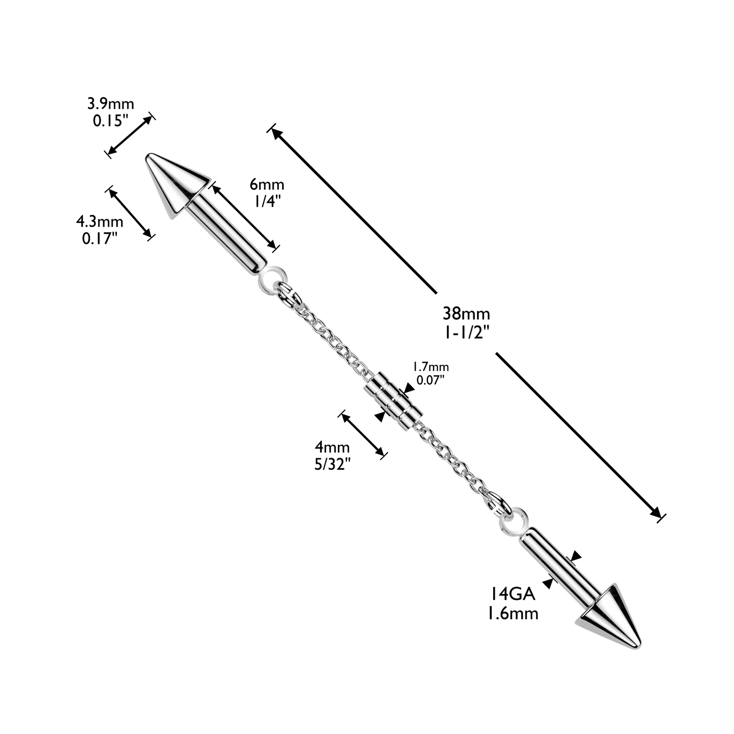 316L Industrial Barbell With Connector Chain and Spike Ends - Pic&Mix The Body Jewellery Shop