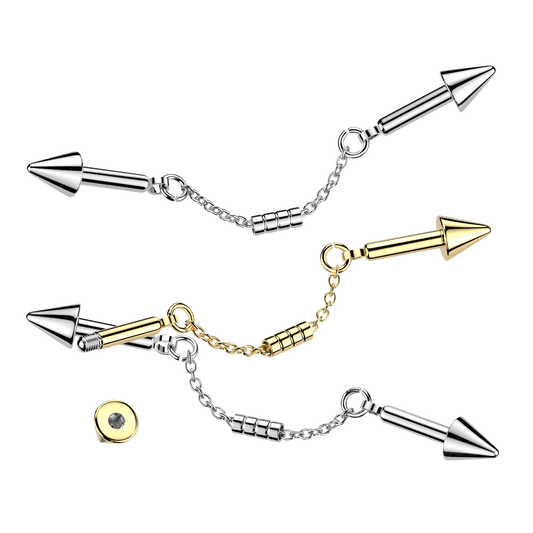316L Industrial Barbell With Connector Chain and Spike Ends - Pic&Mix The Body Jewellery Shop