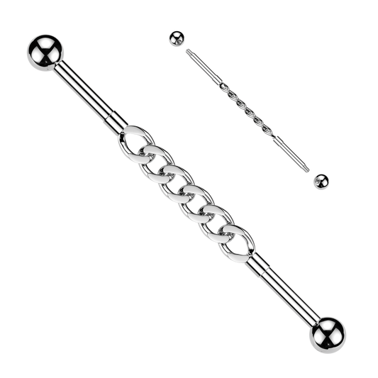 316L Industrial Barbell With Cuban Style Connector Chain - Pic&Mix The Body Jewellery Shop