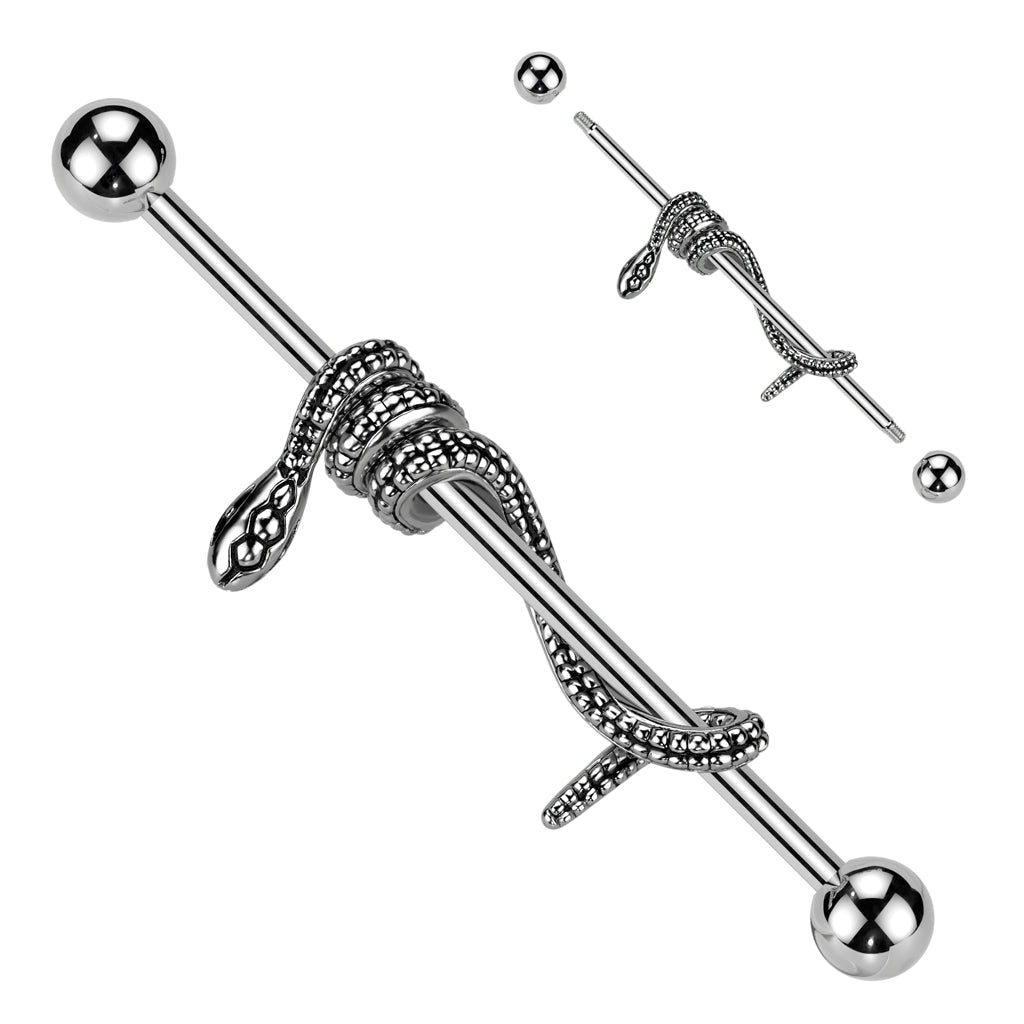 316L Surgical Steel Industrial Barbell With Snake Wrapped Bar - Pic&Mix The Body Jewellery Shop