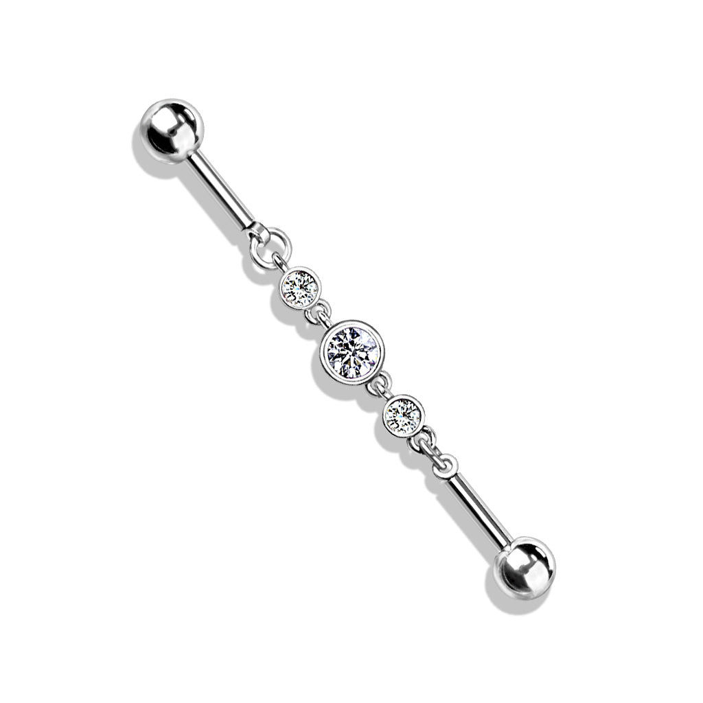 Triple Round CZ Chain 316L Surgical Steel Industrial Barbell - Pic&Mix The Body Jewellery Shop