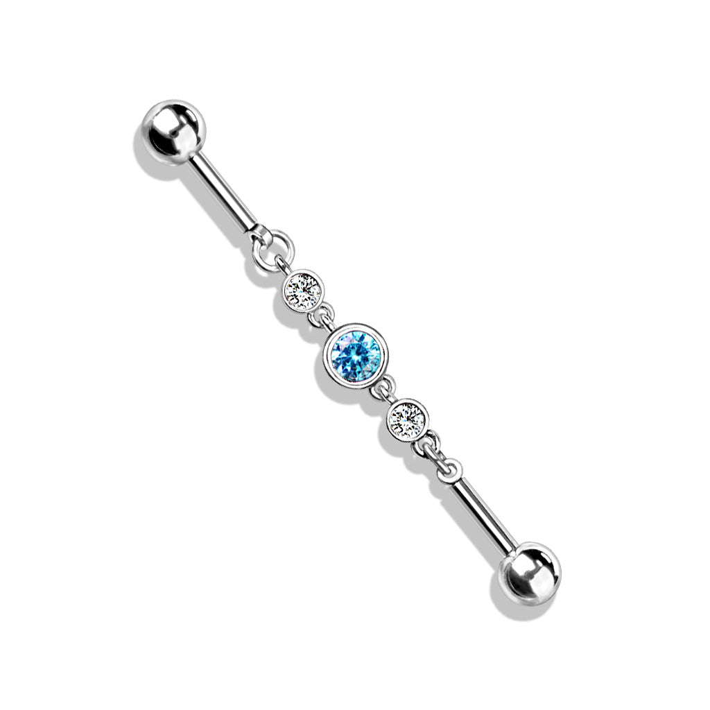 Triple Round CZ Chain 316L Surgical Steel Industrial Barbell - Pic&Mix The Body Jewellery Shop