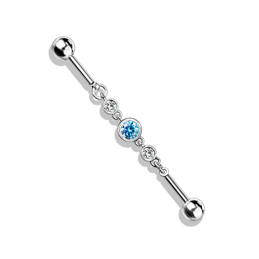 Triple Round CZ Chain 316L Surgical Steel Industrial Barbell - Pic&Mix The Body Jewellery Shop