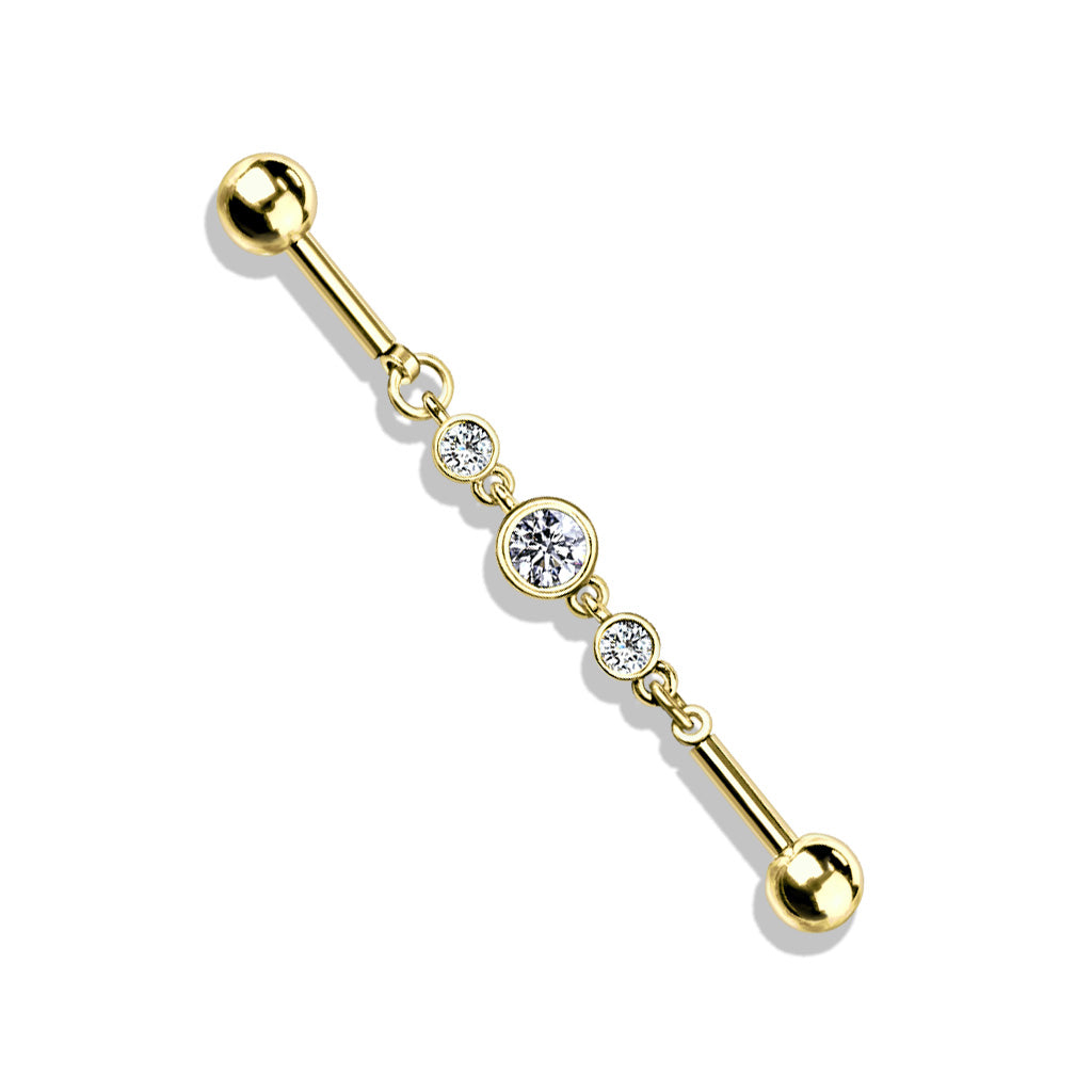 Triple Round CZ Chain 316L Surgical Steel Industrial Barbell - Pic&Mix The Body Jewellery Shop