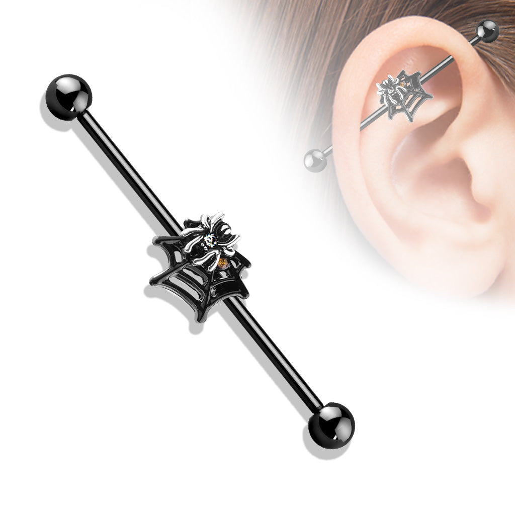 Crystals Set Spider on Web 316L Surgical Steel Industrial Barbell - Pic&Mix The Body Jewellery Shop