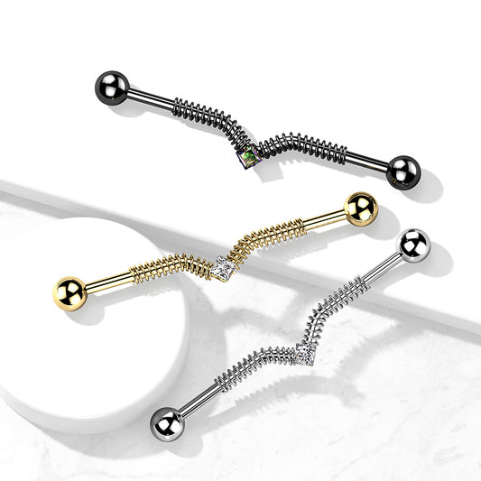 316L Surgical Steel Industrial Barbell with Spring Coil and Square Center Gem - Pic&Mix The Body Jewellery Shop