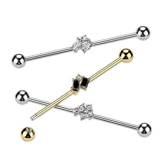 316L Surgical Steel Industrial Barbell With Double Slanted Baguette and Round CZ - Pic&Mix The Body Jewellery Shop