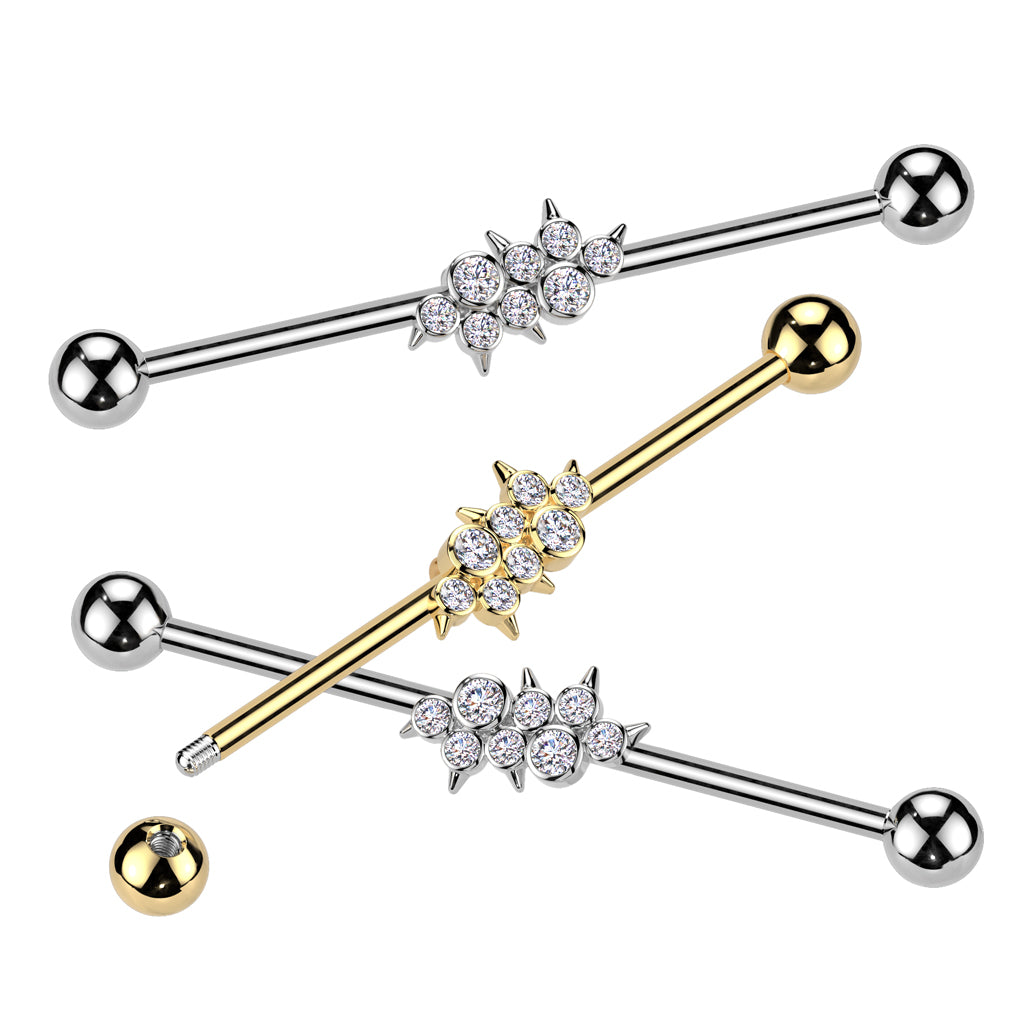 316L Surgical Steel Industrial Barbell With Round CZ Cluster Center With Spikes - Pic&Mix The Body Jewellery Shop