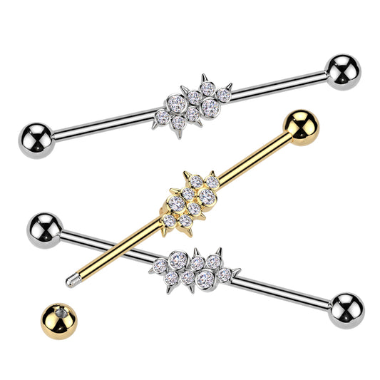 316L Surgical Steel Industrial Barbell With Round CZ Cluster Center With Spikes - Pic&Mix The Body Jewellery Shop