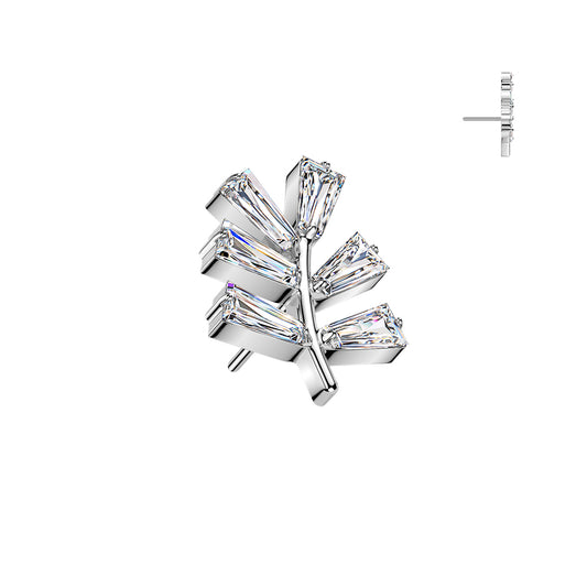 Titanium Threadless Push In Baguette CZ Leaf