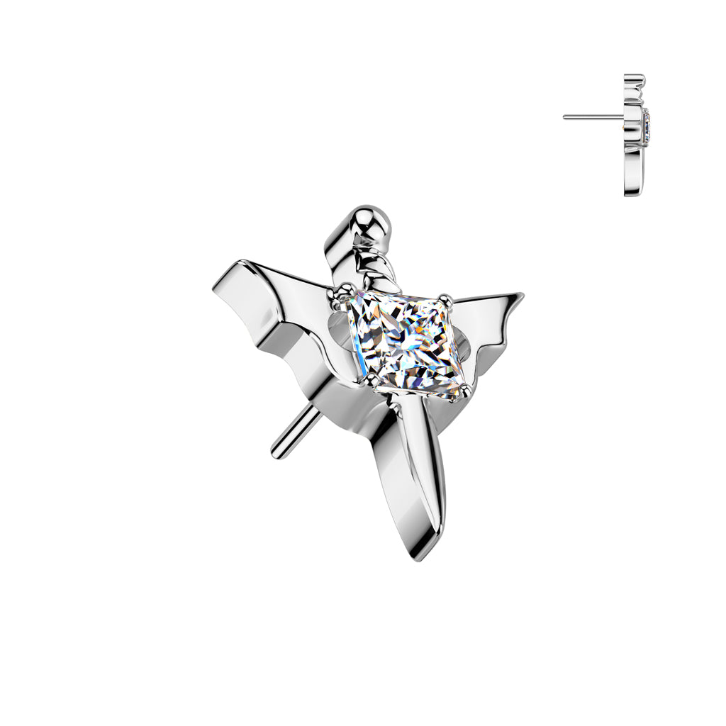 Implant Grade Titanium Threadless Push In Dagger With Square CZ Center and Bat Wings