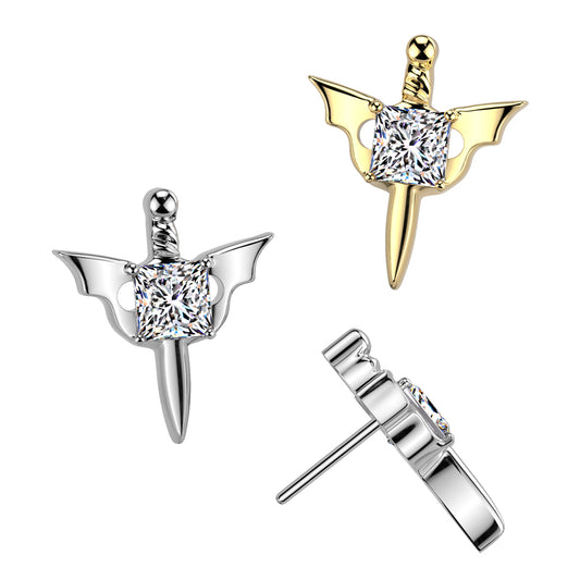 Implant Grade Titanium Threadless Push In Dagger With Square CZ Center and Bat Wings