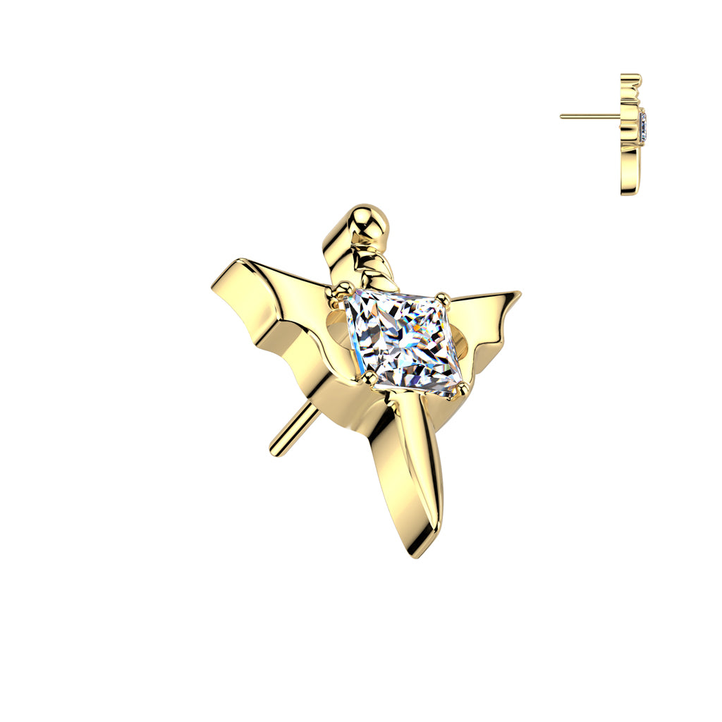 Implant Grade Titanium Threadless Push In Dagger With Square CZ Center and Bat Wings