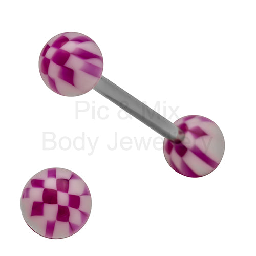 316L Surgical Steel Tongue Barbell with Checker Colour UV Balls – Vibrant Glow Piercing Jewellery
