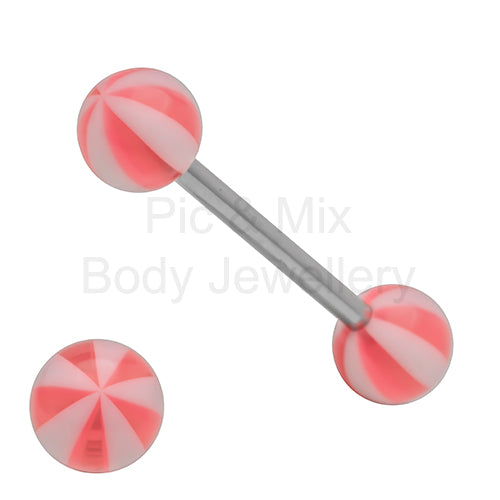 316L Surgical Steel Tongue Barbell with Large Stripe Beach Balls – Vibrant Glow Piercing Jewellery