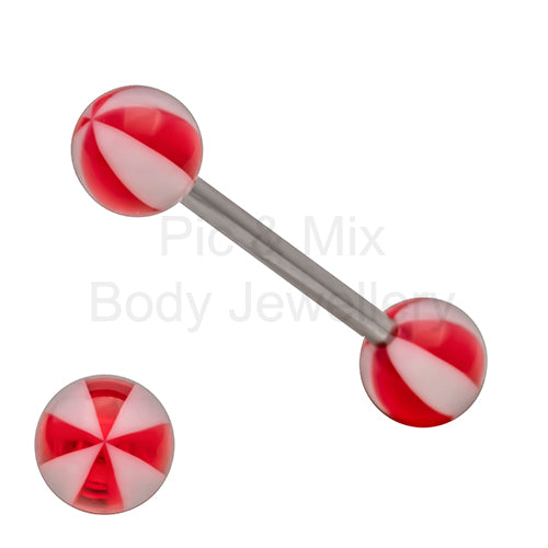 316L Surgical Steel Tongue Barbell with Large Stripe Beach Balls – Vibrant Glow Piercing Jewellery