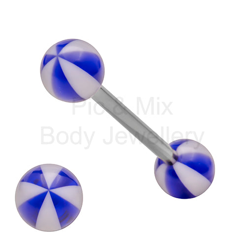 316L Surgical Steel Tongue Barbell with Large Stripe Beach Balls – Vibrant Glow Piercing Jewellery