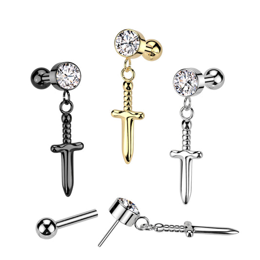Implant Grade Titanium Threadless Push In Cartilage Barbell With Round Bezel Set CZ and Dagger Dangle Top
