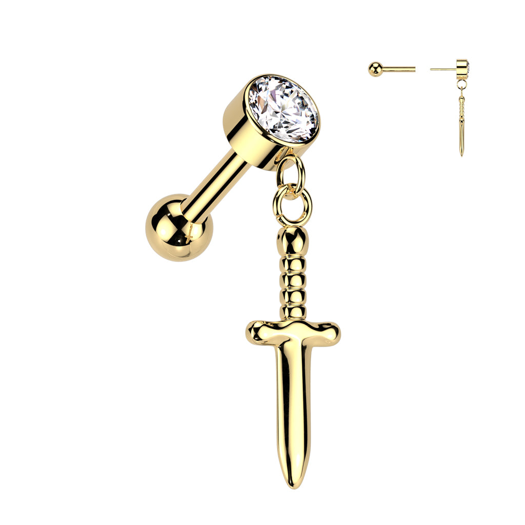 Implant Grade Titanium Threadless Push In Cartilage Barbell With Round Bezel Set CZ and Dagger Dangle Top