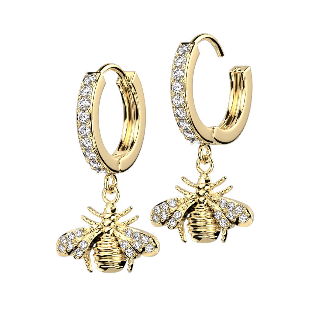 Pair of CZ Pavé Front Hoop Earrings with CZ Pavé Bee Dangle
