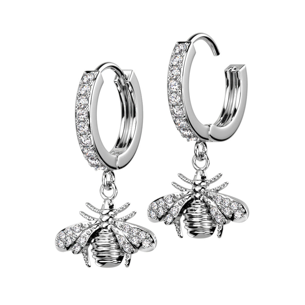 Pair of CZ Pavé Front Hoop Earrings with CZ Pavé Bee Dangle